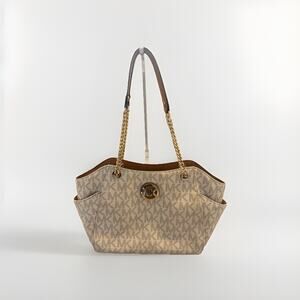 Michael Kors Authentic Signature MK Tote Shoulder Bag Chain Strap Brown/Gold